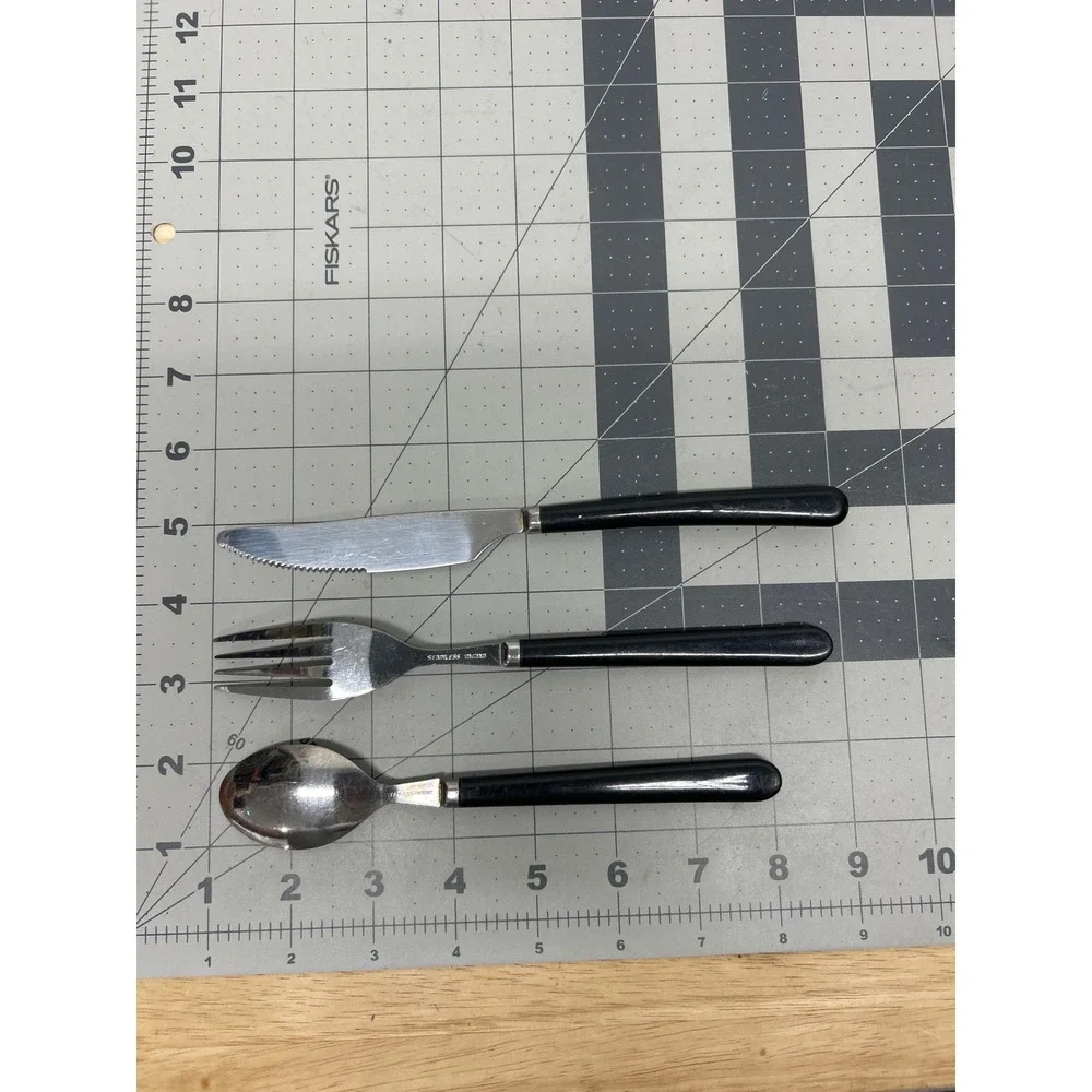 Vintage Flatware Set Mixed Lot 8pc Black Silver Stainless Steel Taiwan Utensils